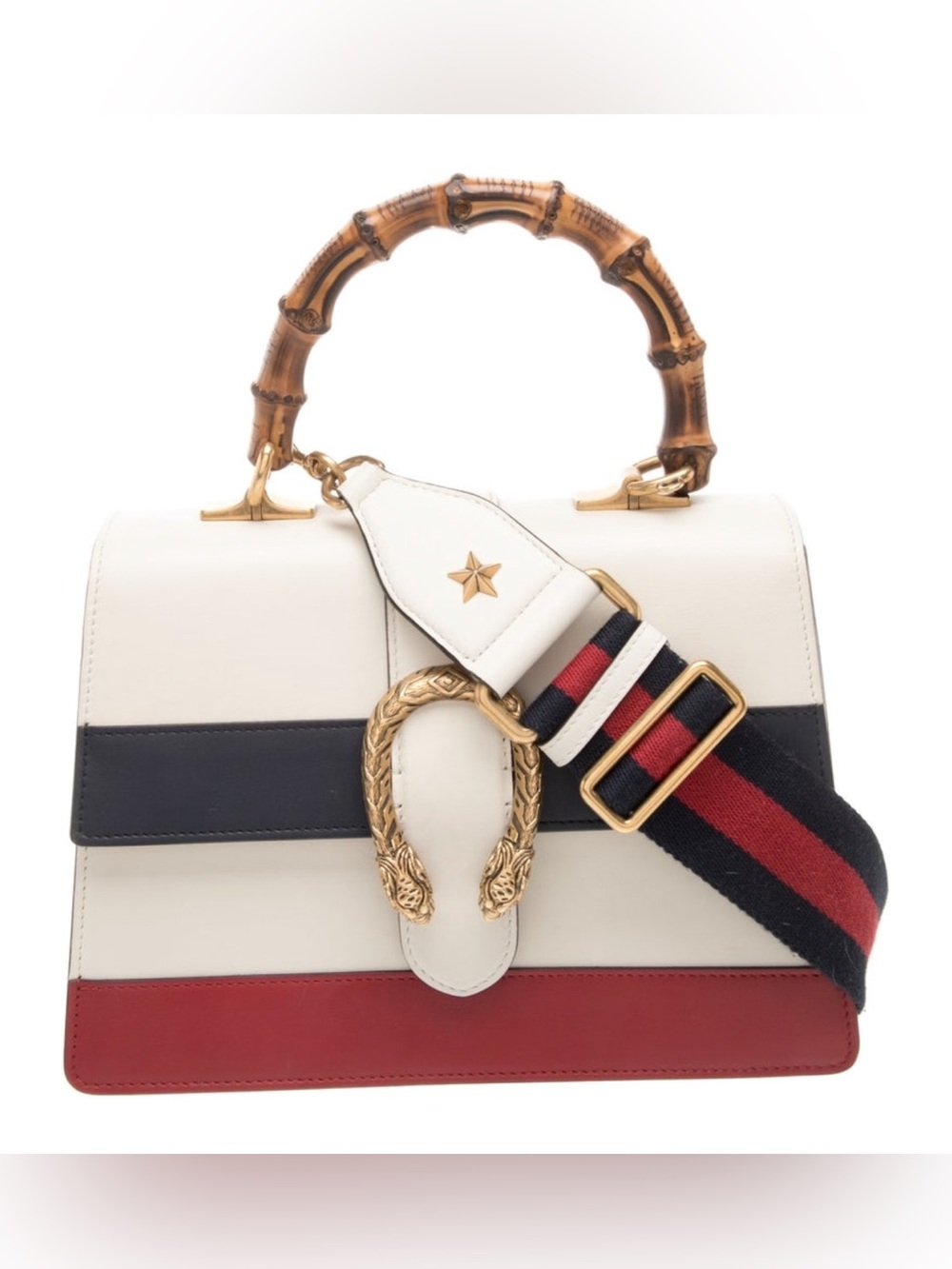 Auth Gucci White, Red and Blue Leather Bamboo Top Handle Dionysus